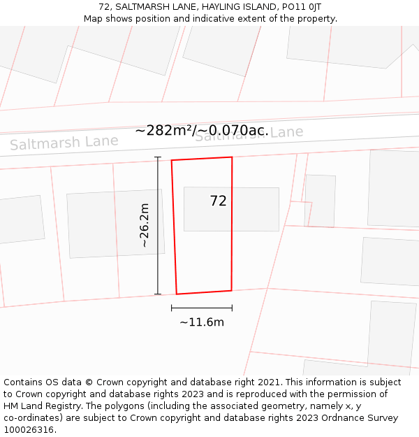 72, SALTMARSH LANE, HAYLING ISLAND, PO11 0JT: Plot and title map