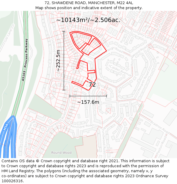 72, SHAWDENE ROAD, MANCHESTER, M22 4AL: Plot and title map