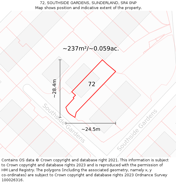 72, SOUTHSIDE GARDENS, SUNDERLAND, SR4 0NP: Plot and title map