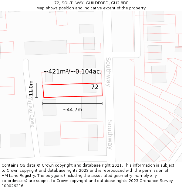 72, SOUTHWAY, GUILDFORD, GU2 8DF: Plot and title map