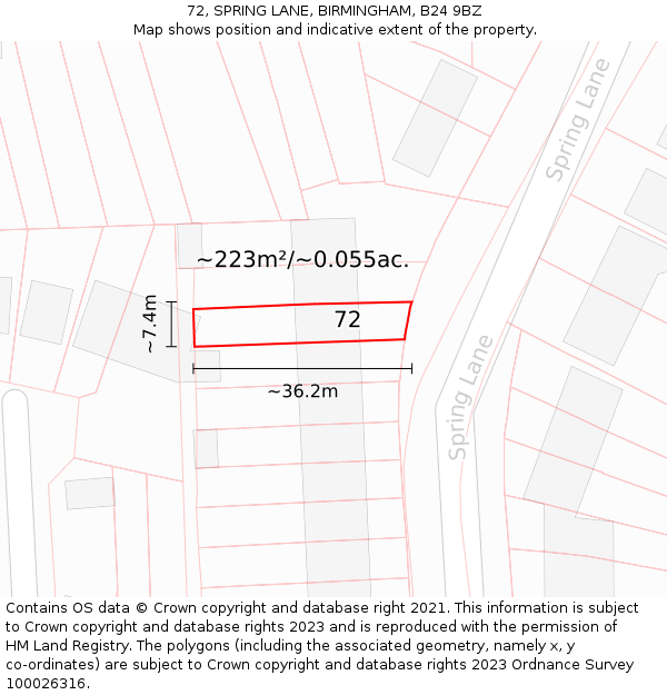 72, SPRING LANE, BIRMINGHAM, B24 9BZ: Plot and title map