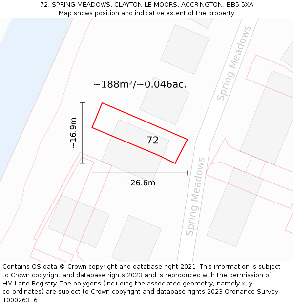 72, SPRING MEADOWS, CLAYTON LE MOORS, ACCRINGTON, BB5 5XA: Plot and title map