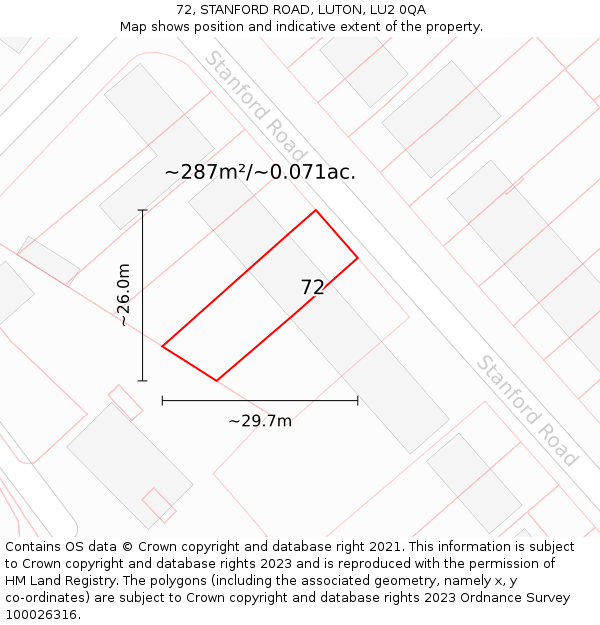 72, STANFORD ROAD, LUTON, LU2 0QA: Plot and title map