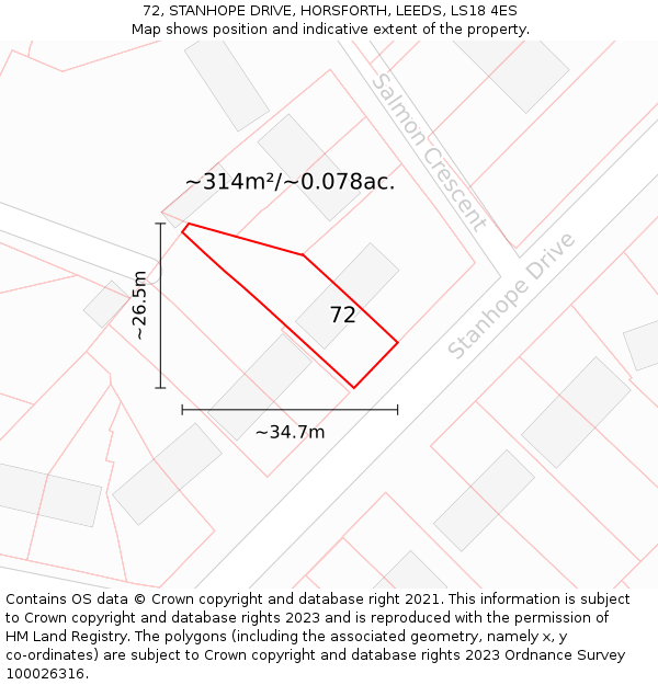 72, STANHOPE DRIVE, HORSFORTH, LEEDS, LS18 4ES: Plot and title map
