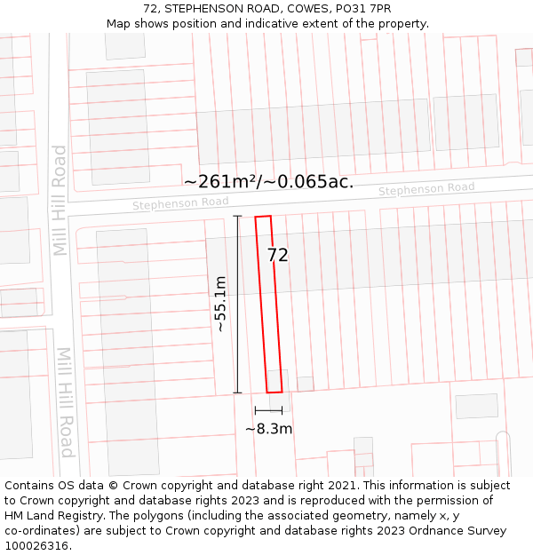 72, STEPHENSON ROAD, COWES, PO31 7PR: Plot and title map