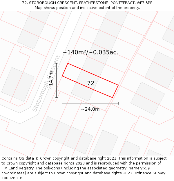 72, STOBOROUGH CRESCENT, FEATHERSTONE, PONTEFRACT, WF7 5PE: Plot and title map