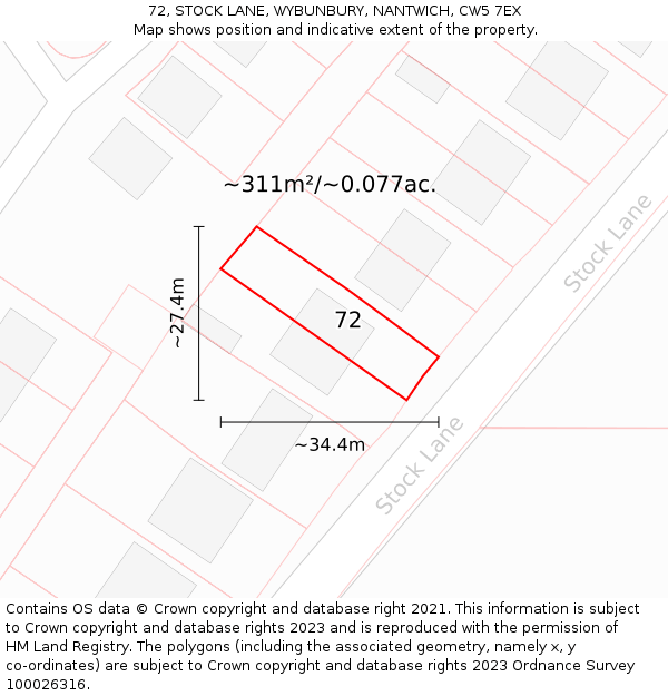 72, STOCK LANE, WYBUNBURY, NANTWICH, CW5 7EX: Plot and title map