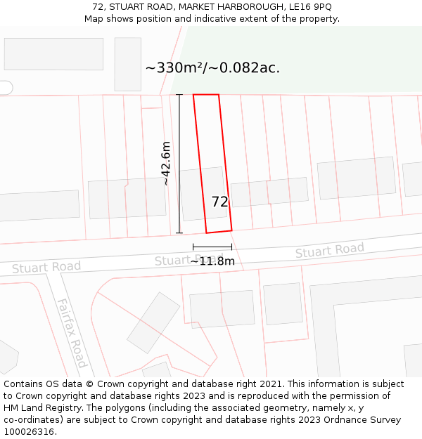 72, STUART ROAD, MARKET HARBOROUGH, LE16 9PQ: Plot and title map