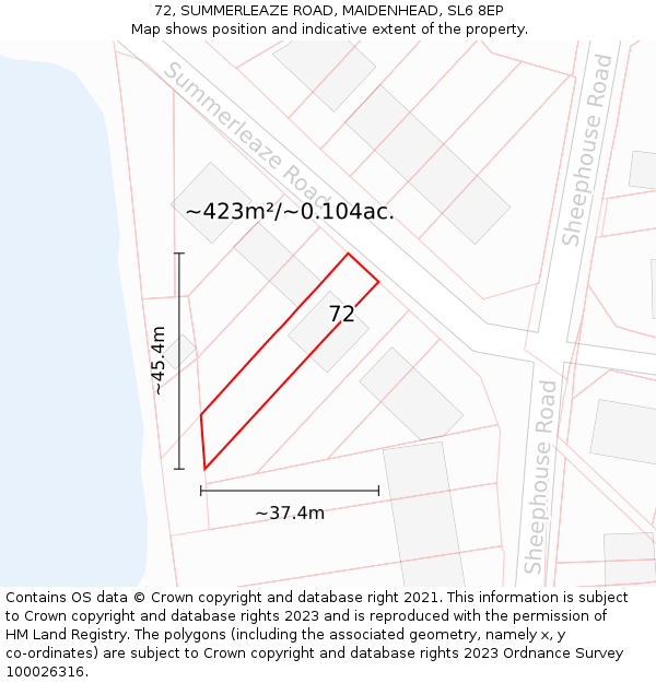 72, SUMMERLEAZE ROAD, MAIDENHEAD, SL6 8EP: Plot and title map