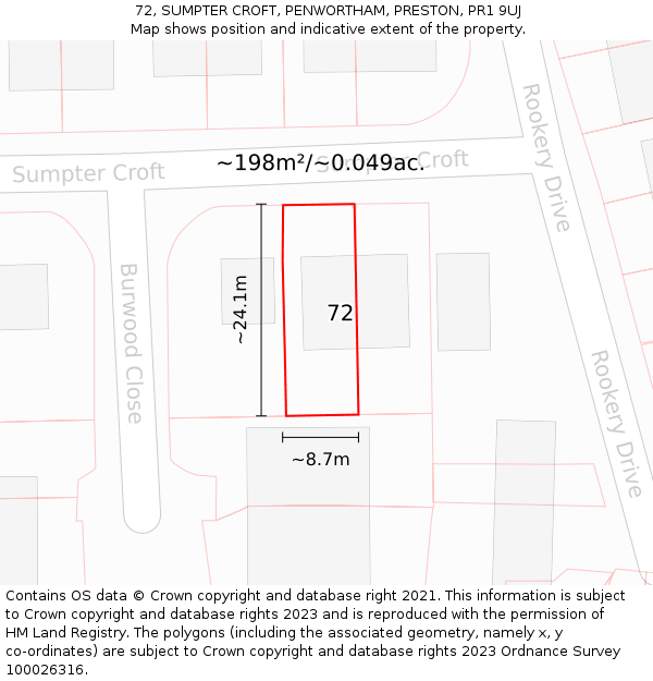72, SUMPTER CROFT, PENWORTHAM, PRESTON, PR1 9UJ: Plot and title map