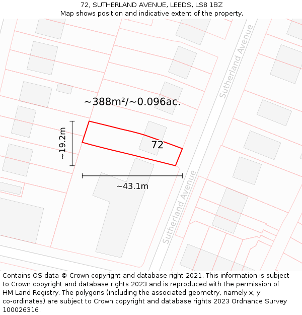 72, SUTHERLAND AVENUE, LEEDS, LS8 1BZ: Plot and title map