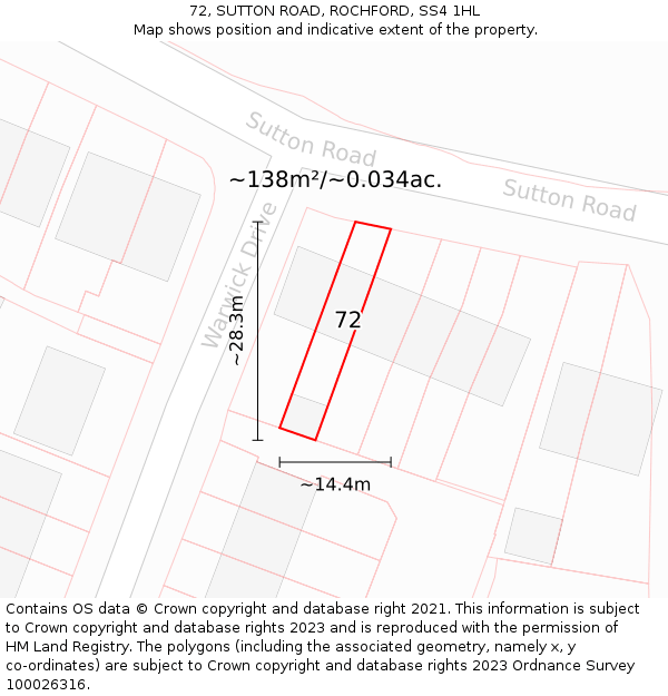 72, SUTTON ROAD, ROCHFORD, SS4 1HL: Plot and title map