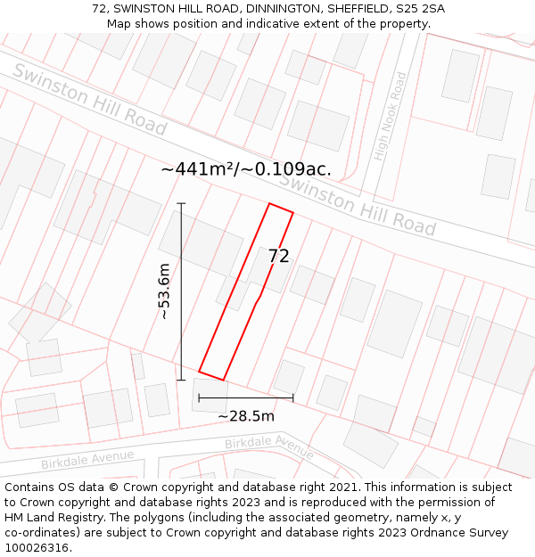 72, SWINSTON HILL ROAD, DINNINGTON, SHEFFIELD, S25 2SA: Plot and title map