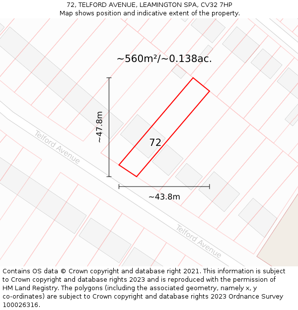 72, TELFORD AVENUE, LEAMINGTON SPA, CV32 7HP: Plot and title map