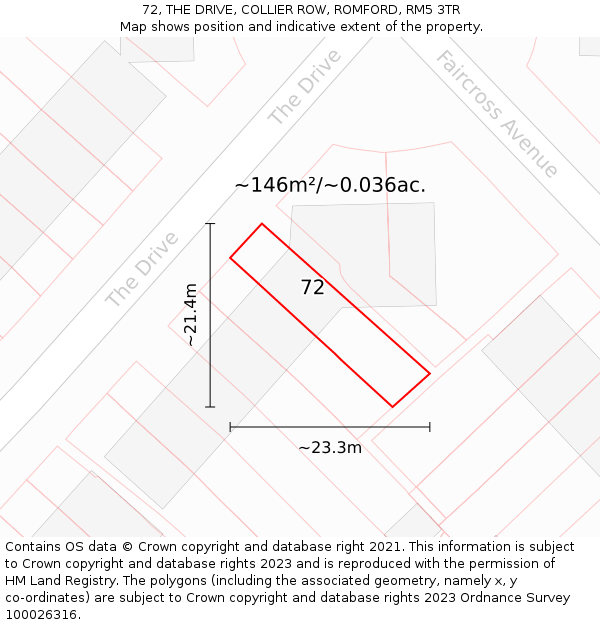 72, THE DRIVE, COLLIER ROW, ROMFORD, RM5 3TR: Plot and title map