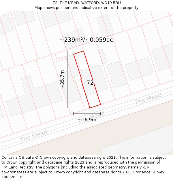 72, THE MEAD, WATFORD, WD19 5BU: Plot and title map