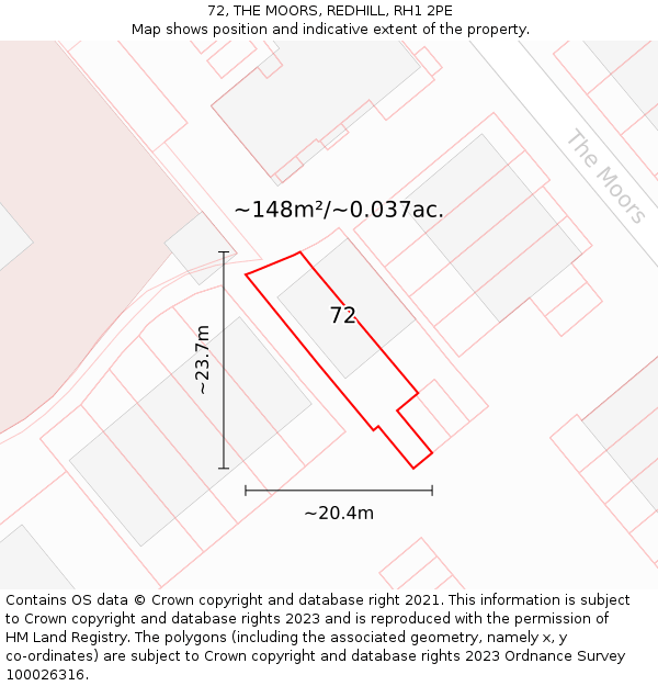 72, THE MOORS, REDHILL, RH1 2PE: Plot and title map