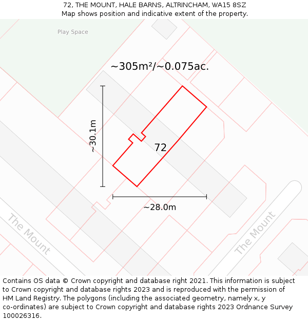 72, THE MOUNT, HALE BARNS, ALTRINCHAM, WA15 8SZ: Plot and title map