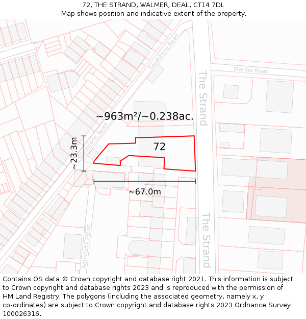 72, THE STRAND, WALMER, DEAL, CT14 7DL: Plot and title map