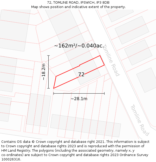 72, TOMLINE ROAD, IPSWICH, IP3 8DB: Plot and title map