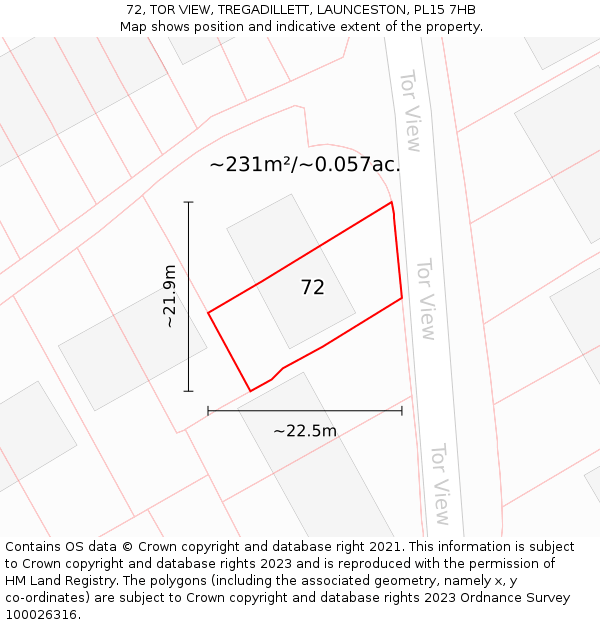 72, TOR VIEW, TREGADILLETT, LAUNCESTON, PL15 7HB: Plot and title map