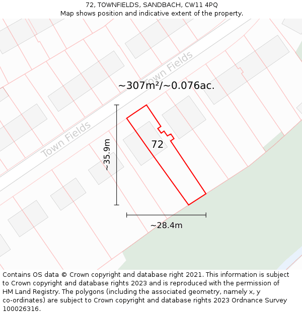 72, TOWNFIELDS, SANDBACH, CW11 4PQ: Plot and title map