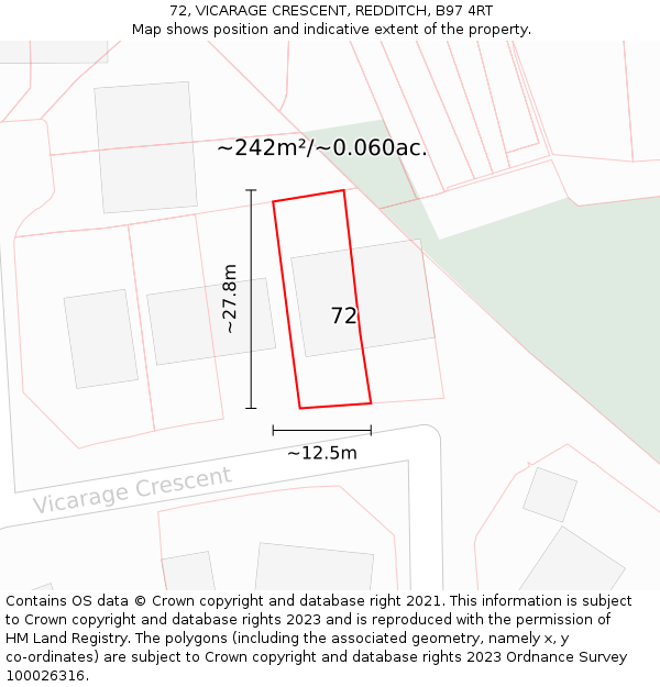 72, VICARAGE CRESCENT, REDDITCH, B97 4RT: Plot and title map