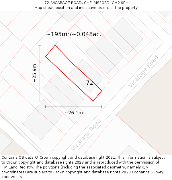 72, VICARAGE ROAD, CHELMSFORD, CM2 9PH: Plot and title map