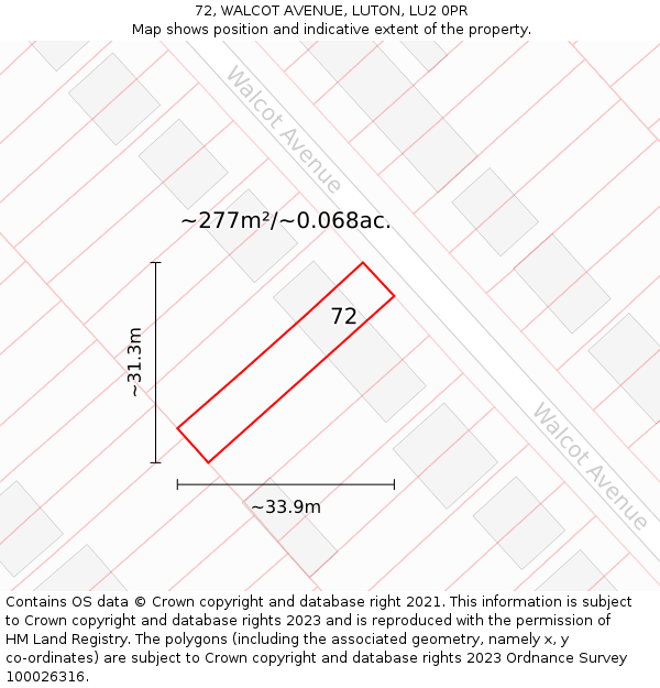 72, WALCOT AVENUE, LUTON, LU2 0PR: Plot and title map