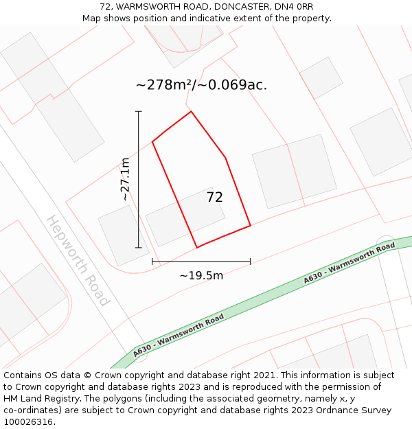 72, WARMSWORTH ROAD, DONCASTER, DN4 0RR: Plot and title map