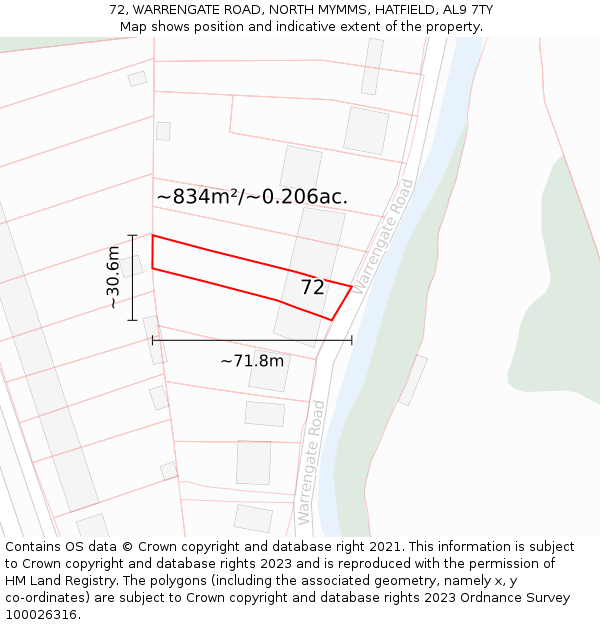 72, WARRENGATE ROAD, NORTH MYMMS, HATFIELD, AL9 7TY: Plot and title map