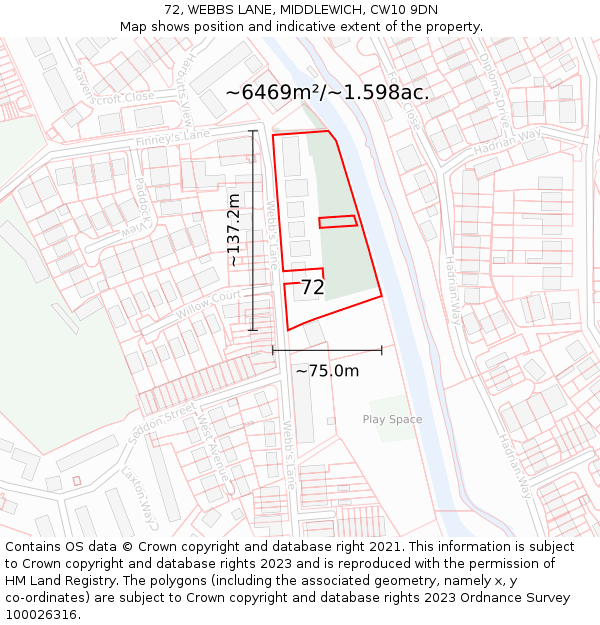 72, WEBBS LANE, MIDDLEWICH, CW10 9DN: Plot and title map