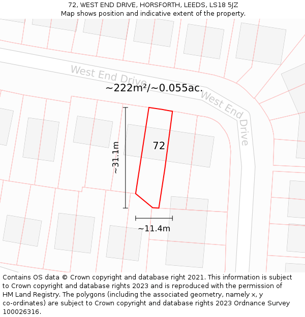 72, WEST END DRIVE, HORSFORTH, LEEDS, LS18 5JZ: Plot and title map