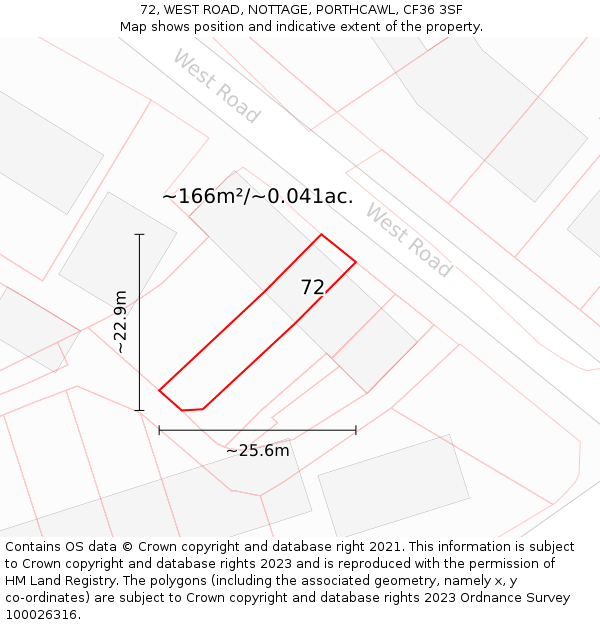72, WEST ROAD, NOTTAGE, PORTHCAWL, CF36 3SF: Plot and title map