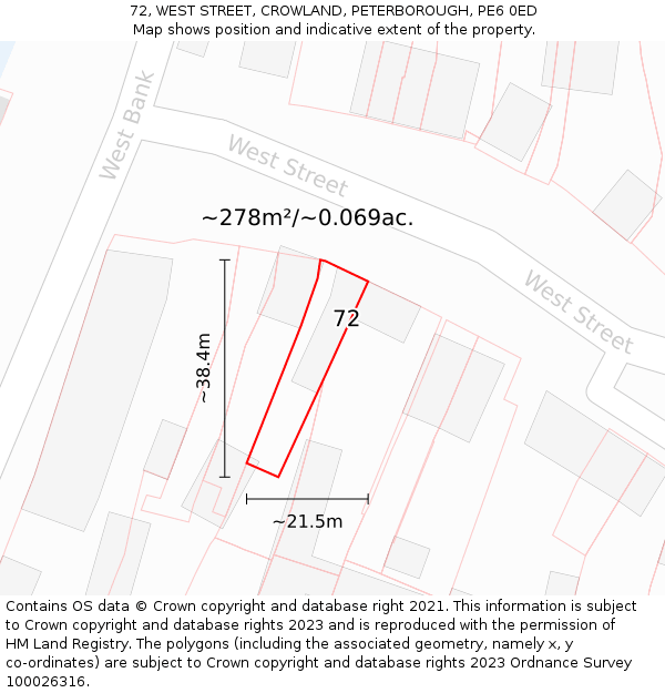 72, WEST STREET, CROWLAND, PETERBOROUGH, PE6 0ED: Plot and title map