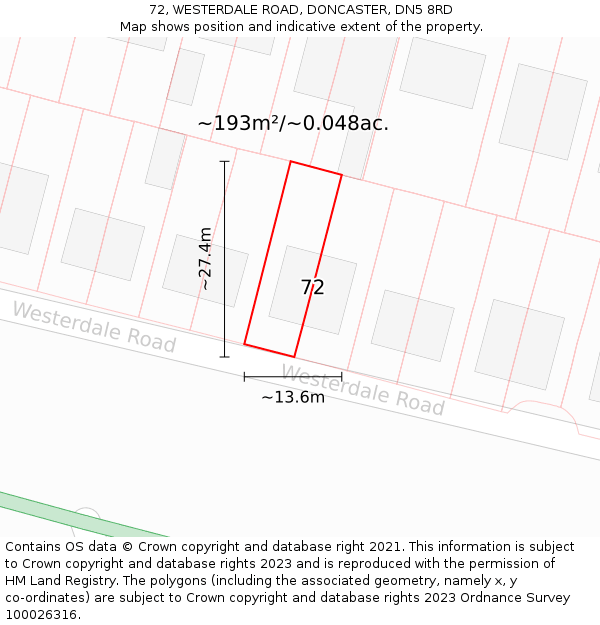 72, WESTERDALE ROAD, DONCASTER, DN5 8RD: Plot and title map