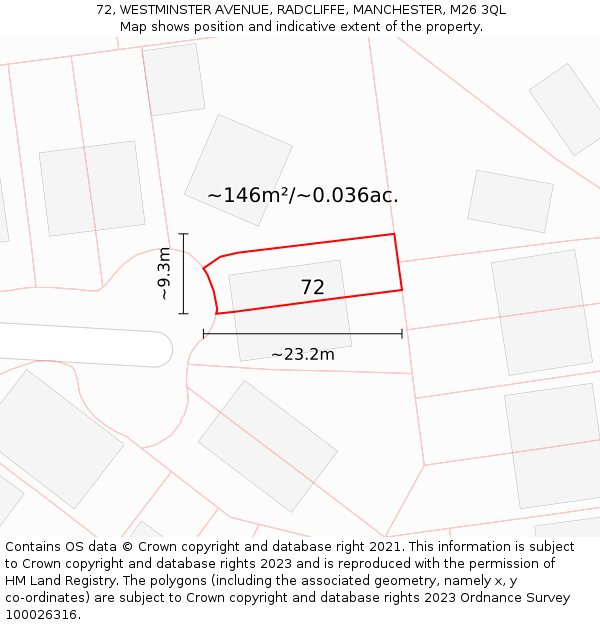 72, WESTMINSTER AVENUE, RADCLIFFE, MANCHESTER, M26 3QL: Plot and title map