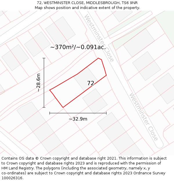 72, WESTMINSTER CLOSE, MIDDLESBROUGH, TS6 9NR: Plot and title map