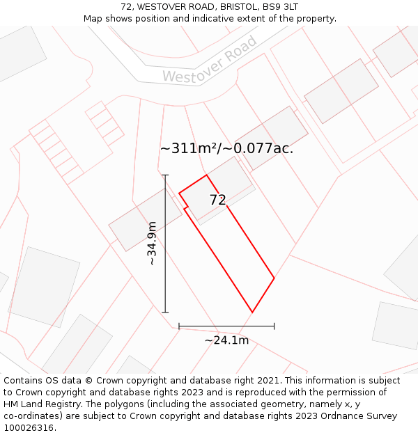 72, WESTOVER ROAD, BRISTOL, BS9 3LT: Plot and title map
