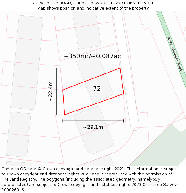72, WHALLEY ROAD, GREAT HARWOOD, BLACKBURN, BB6 7TF: Plot and title map