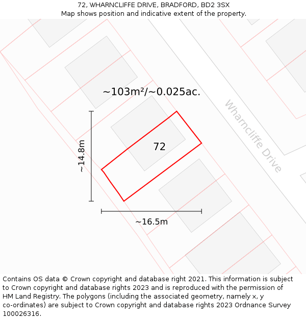 72, WHARNCLIFFE DRIVE, BRADFORD, BD2 3SX: Plot and title map