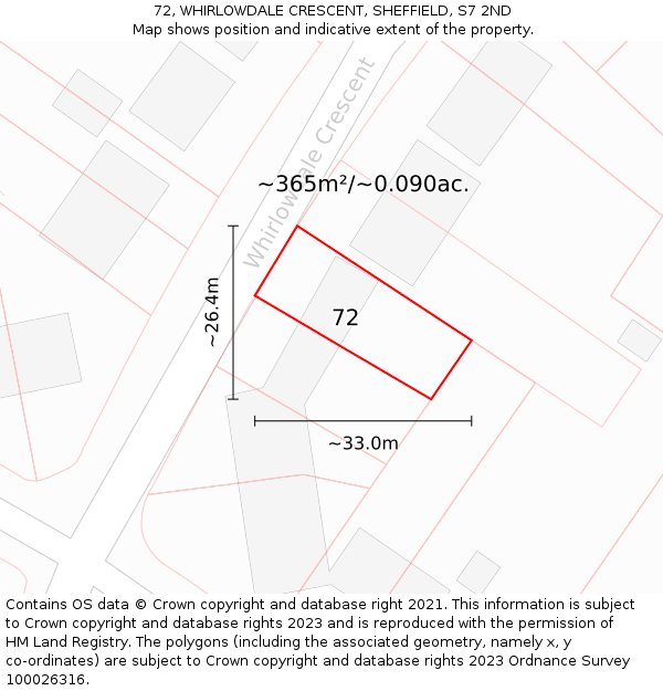 72, WHIRLOWDALE CRESCENT, SHEFFIELD, S7 2ND: Plot and title map
