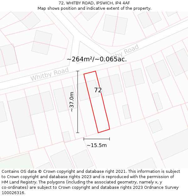 72, WHITBY ROAD, IPSWICH, IP4 4AF: Plot and title map