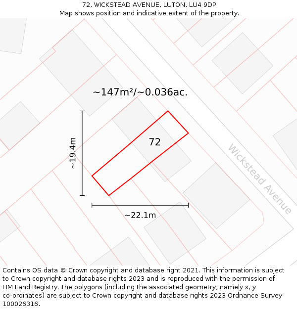 72, WICKSTEAD AVENUE, LUTON, LU4 9DP: Plot and title map