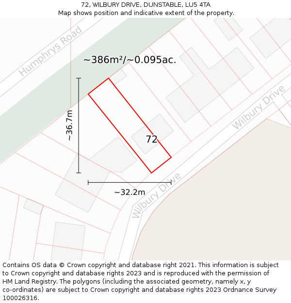 72, WILBURY DRIVE, DUNSTABLE, LU5 4TA: Plot and title map