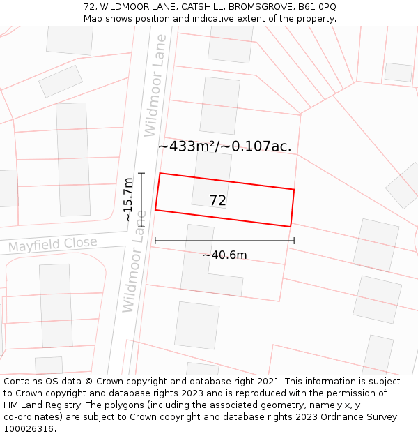 72, WILDMOOR LANE, CATSHILL, BROMSGROVE, B61 0PQ: Plot and title map
