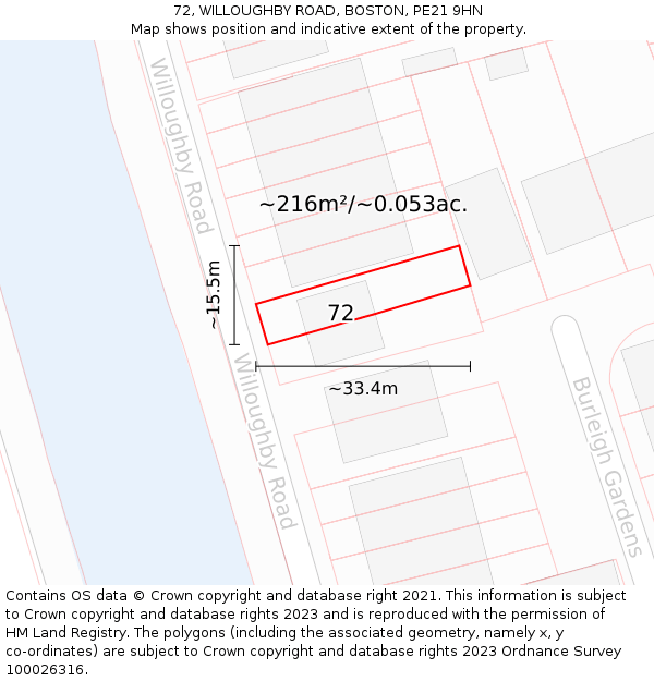 72, WILLOUGHBY ROAD, BOSTON, PE21 9HN: Plot and title map