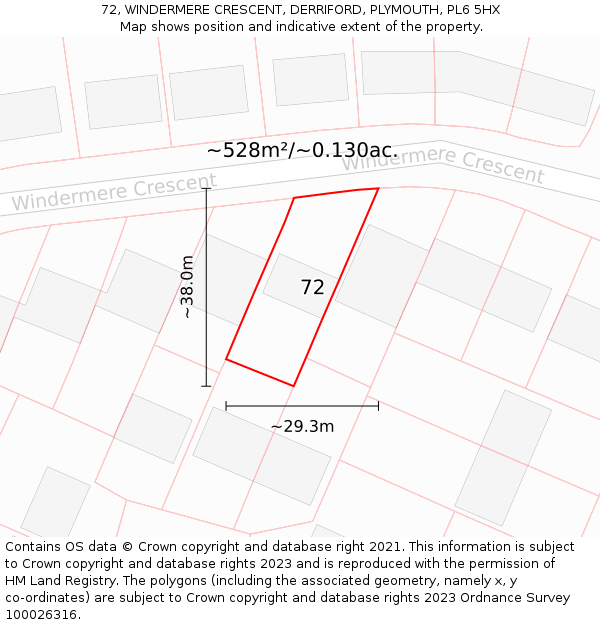 72, WINDERMERE CRESCENT, DERRIFORD, PLYMOUTH, PL6 5HX: Plot and title map