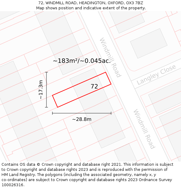 72, WINDMILL ROAD, HEADINGTON, OXFORD, OX3 7BZ: Plot and title map