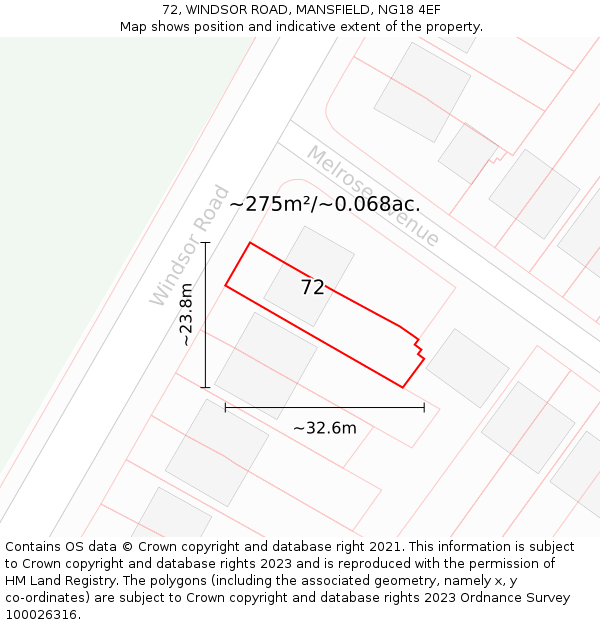 72, WINDSOR ROAD, MANSFIELD, NG18 4EF: Plot and title map